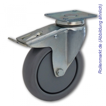 Schwere Apparate-Lenkrolle 80 mm mit Totalstopp und grauem TP-Gummirad und Plattenbefestigung