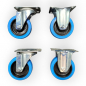 Preview: Transportgeräte-Rollen-SET: 2x Lenk, 2x Bock, Rad 100 mm, Elastik-Vollgummirad blau und Plattenbefestigung