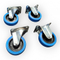 Preview: Transportgeräte-Rollen-SET: 2x Lenk, 2x Bock, Rad 100 mm, Elastik-Vollgummirad blau und Plattenbefestigung