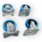 Preview: Transportgeräte-Rollen-SET: 2x Lenk, 2x Bock, Rad 100 mm, Elastik-Vollgummirad blau und Plattenbefestigung