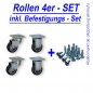 Preview: Rollen-Set: 2x Lenk-, 2x Bockrolle, Rad 50mm, Gleitlager und Plattenbefestigung