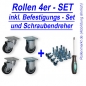 Preview: Rollen-Set: 2x Lenk-, 2x Bockrolle, Rad 50mm, Gleitlager und Plattenbefestigung