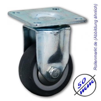 Apparate-Bockrolle mit grauem TP-Gummirad 50 mm, Gleitlager und Plattenbefestigung