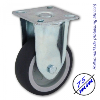 Apparate-Bockrolle mit grauem TP-Gummirad 75 mm, Gleitlager und Plattenbefestigung