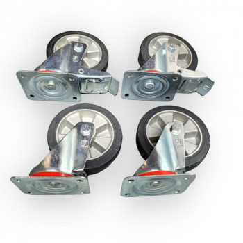 Transportgeräte-Rollen-SET: 2x Lenk, 2x Feststeller, Rad 160 mm, Elastik-Vollgummirad schwarz und Plattenbefestigung