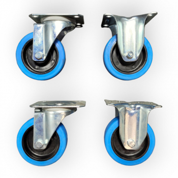 Transportgeräte-Rollen-SET: 2x Lenk, 2x Bock, Rad 100 mm, Elastik-Vollgummirad blau und Plattenbefestigung