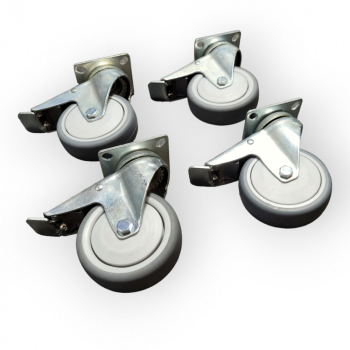 Apparate-Rollen-SET: 4x Feststeller, Rad 100 mm, TP-Gummirad grau und Plattenbefestigung