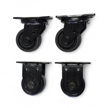 Schwerlast-Rollen-SET: 2x Lenk, 2x Bock, Rad 76 mm, Polyamid-Rad schwarz und Plattenbefestigung