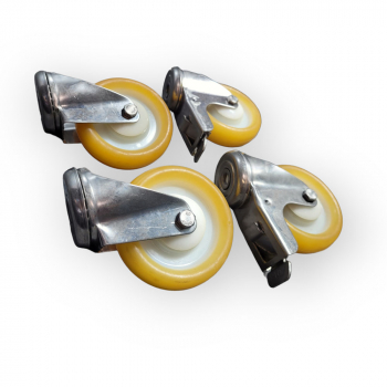 Edelstahl-Rollen-SET: 2x Lenk, 2x Feststeller, Rad 100 mm, PU-Rad gelb und Rückenlochbefestigung