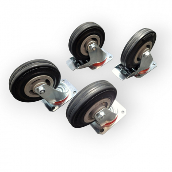 Schwerlast-Rollen-SET: 2x Lenk, 2x Feststeller, Rad 125 mm, Vollgummirad schwarz und Plattenbefestigung