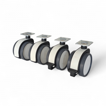 Preview: Design-Möbelrollen-SET: 2x Lenk, 2x Feststeller, Rad 75 mm, 2x Polyurethan-Lauffläche grau und Plattenbefestigung