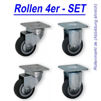 Rollen-Set: 2x Lenk-, 2x Bockrolle, Rad 50mm, Gleitlager und Plattenbefestigung