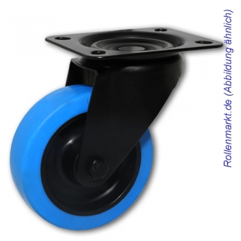 Lenkrolle mit schwarzem Gehäuse, blauem Elastik-Vollgummirad 100 mm und Plattenbefestigung