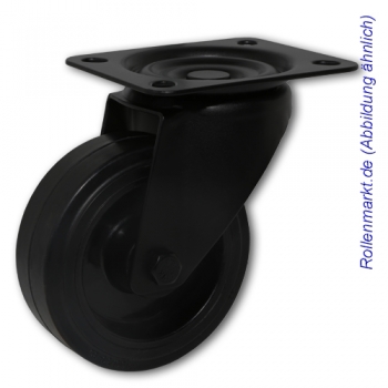 Lenkrolle mit schwarzem Gehäuse, schwarzem Elastik-Vollgummirad 100 mm und Plattenbefestigung
