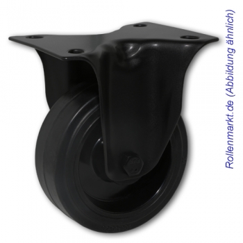 Bockrolle mit schwarzem Gehäuse, schwarzem Elastik-Vollgummirad 100 mm und Plattenbefestigung