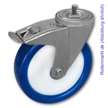 Schwere Transportgeräte-Lenkrolle mit Totalstopp, blauem PU-Rad 160 mm und Gewindebefestigung M12
