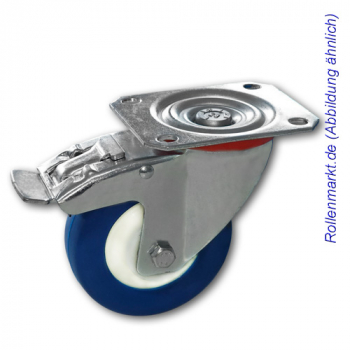 Schwere Transportgeräte-Lenkrolle mit Totalstopp, blauem PU-Rad 80 mm und Plattenbefestigung