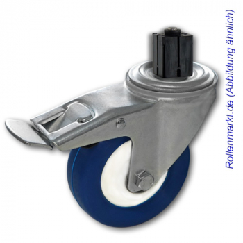 Schwere Transportgeräte-Lenkrolle mit Totalstopp, blauem PU-Rad 100 mm und Befestigung für 4-Kant-Rohre