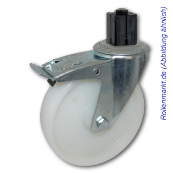 Transportgeräte-Lenkrolle mit Totalstopp, weißem Polyamidrad 80 mm und Befestigung für 4-Kant-Rohre