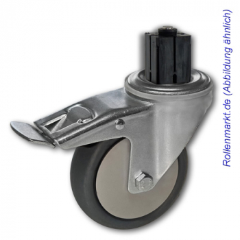 Transportgeräte-Lenkrolle mit Totalstopp, grauem TP-Gummirad 80 mm und Befestigung für 4-Kant-Rohre