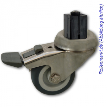 Leichte Edelstahl-Lenkrolle mit Totalstopp und grauem TP-Gummirad 50 mm und Befestigung für 4-Kant-Rohre