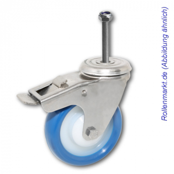 Edelstahl-Lenkrolle mit Totalstopp, blauem Polyurethanrad 100 mm und Gewindebefestigung + Mutter M10