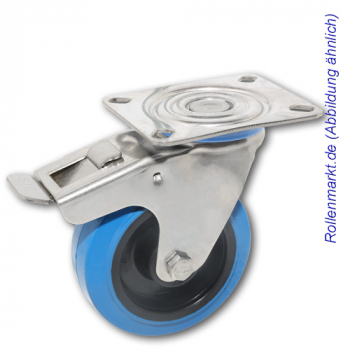 Edelstahl-Lenkrolle mit Totalstopp, blauem Elastik-Vollgummirad 80 mm und Plattenbefestigung