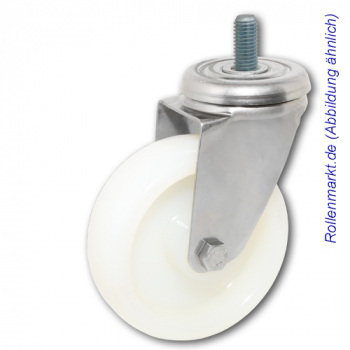 Edelstahl-Lenkrolle mit weißem Polyamidrad 80 mm und Gewindebefestigung M12