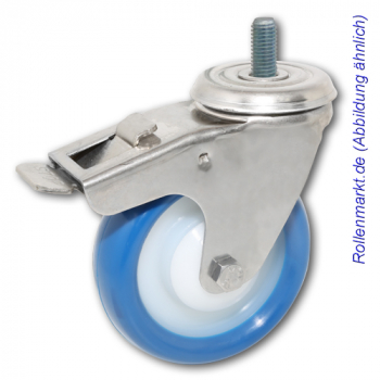 Edelstahl-Lenkrolle mit Totalstopp, blauem Polyurethanrad 160 mm und Gewindebefestigung M12