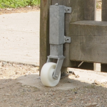 Schwere Tor-Stützrolle mit gelbem Polyurethanrad und gefedertem Stahlblechgehäuse