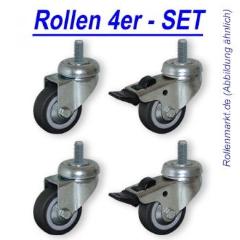 Rollen-Set: 2x Lenk, 2x Feststeller, Rad 50mm, Gleitlager und Gewindebefestigung M8