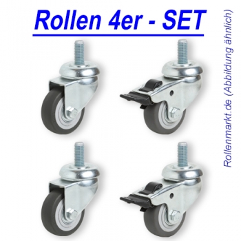 Rollen-Set: 2x Lenk, 2x Feststeller, Rad 50mm, Kugellager und Gewindebefestigung M10