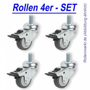 Rollen-Set: 4x Lenkrolle mit Feststeller, Rad 50mm, Kugellager und Gewindebefestigung M10