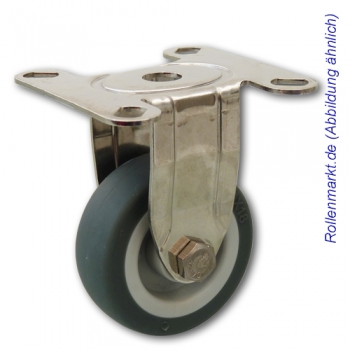 Leichte Edelstahl-Bockrolle mit grauem TP-Gummirad 50 mm und Plattenbefestigung