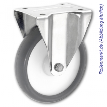 Edelstahl-Bockrolle mit grauem TP-Gummirad 125 mm und Plattenbefestigung
