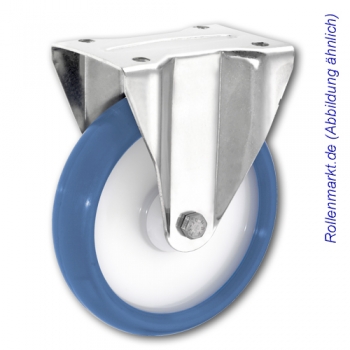 Edelstahl-Bockrolle mit blauem Polyurethanrad 80 mm und Plattenbefestigung