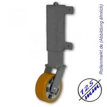 Schwere Tor-Stützrolle mit gelbem Polyurethanrad und gefedertem Stahlblechgehäuse
