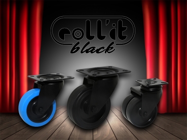 Lenkrolle mit schwarzem Gehäuse, schwarzem Elastik-Vollgummirad 100 mm und Plattenbefestigung
