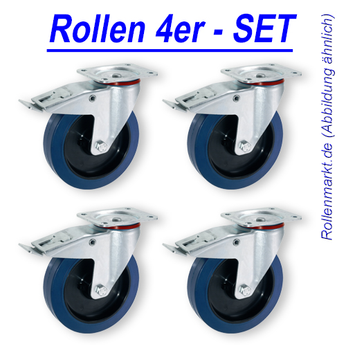 4 Stück 100 mm Blue Wheels Rollen Transportrollen Lenkrollen Totalstop 