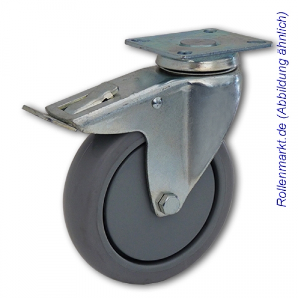 Schwere Apparate-Lenkrolle 100 mm mit Totalstopp und grauem TP-Gummirad und Plattenbefestigung