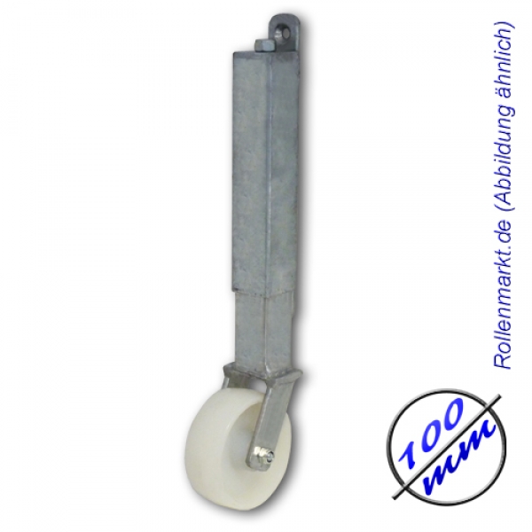 Tor-Stützrolle mit weißem Polyamidrad und gefedertem Stahlblechgehäuse