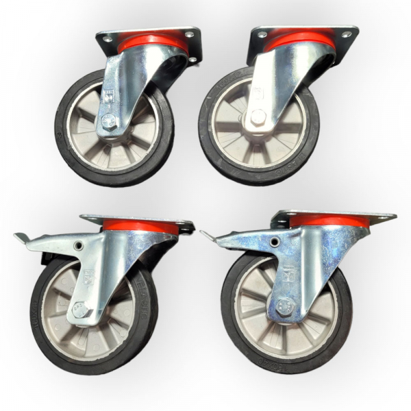 Transportgeräte-Rollen-SET: 2x Lenk, 2x Feststeller, Rad 160 mm, Elastik-Vollgummirad schwarz und Plattenbefestigung