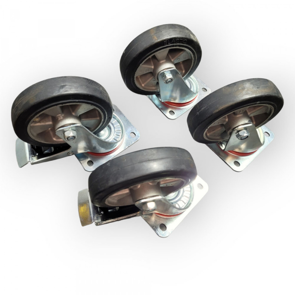 Transportgeräte-Rollen-SET: 2x Lenk, 2x Feststeller, Rad 160 mm, Elastik-Vollgummirad schwarz und Plattenbefestigung