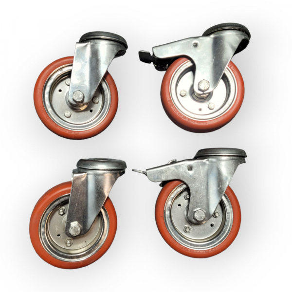 Edelstahl-Rollen-SET: 2x Lenk, 2x Feststeller, Rad 100 mm, hitzebeständiges Rad und Rückenlochbefestigung