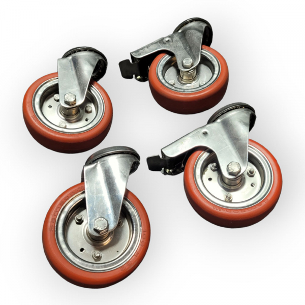 Edelstahl-Rollen-SET: 2x Lenk, 2x Feststeller, Rad 100 mm, hitzebeständiges Rad und Rückenlochbefestigung