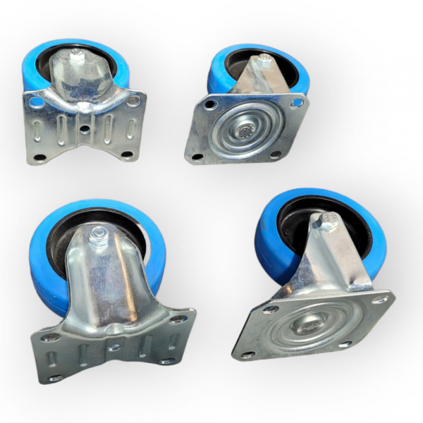 Transportgeräte-Rollen-SET: 2x Lenk, 2x Bock, Rad 100 mm, Elastik-Vollgummirad blau und Plattenbefestigung