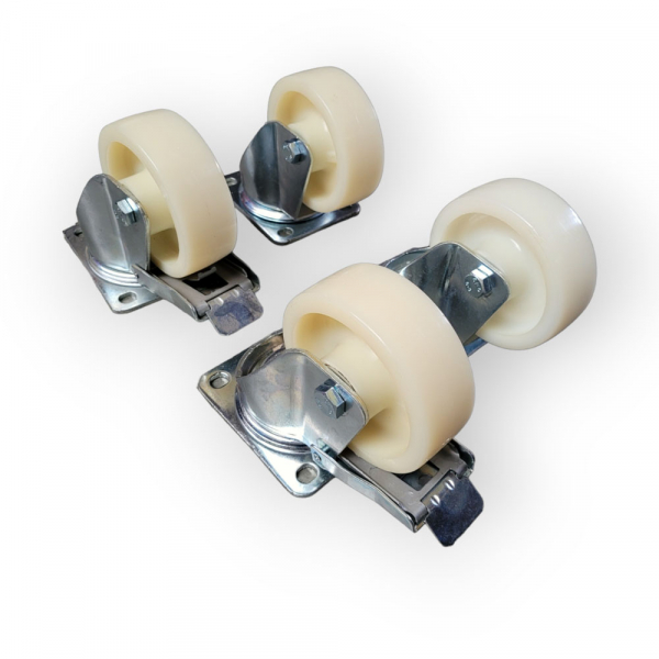 Schwerlast-Rollen-SET: 2x Lenk, 2x Feststeller, Rad 125 mm, Polyamidrad weiß und Plattenbefestigung