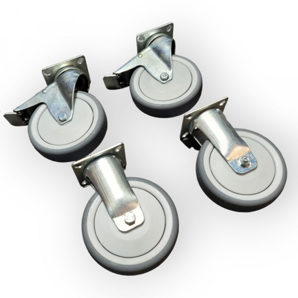 Apparate-Rollen-SET: 2x Feststeller, 2x Bock, Rad 125 mm, TP-Gummirad grau und Plattenbefestigung