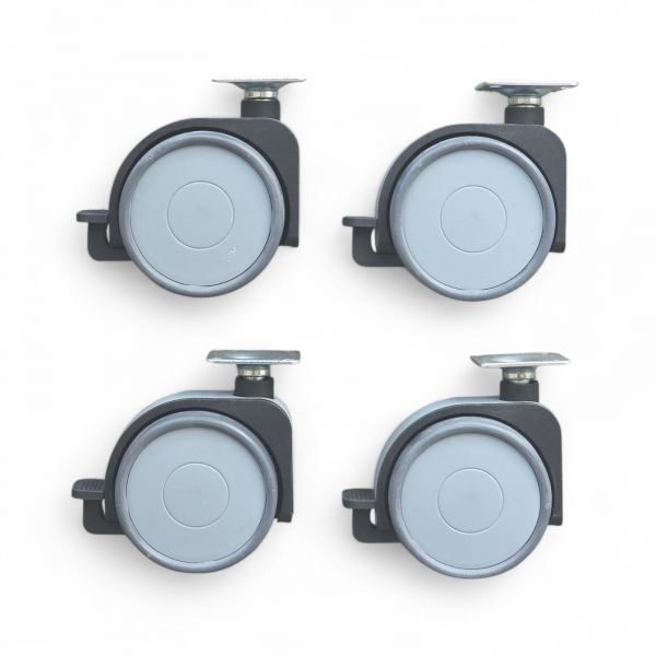 Design-Möbelrollen-SET: 4x Lenkrolle mit Feststeller, Rad 75 mm, 2x Polyurethan-Lauffläche grau und Plattenbefestigung