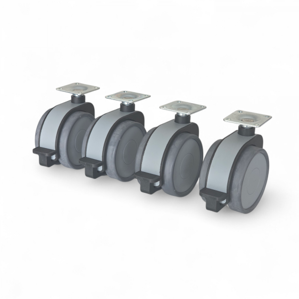 Design-Möbelrollen-SET: 4x Lenkrolle mit Feststeller, Rad 75 mm, 2x Polyurethan-Lauffläche grau und Plattenbefestigung